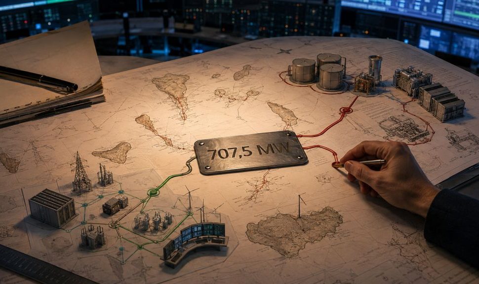 Mesa técnica con mapa de Canarias, centrales eléctricas y la cifra 707,5 MW